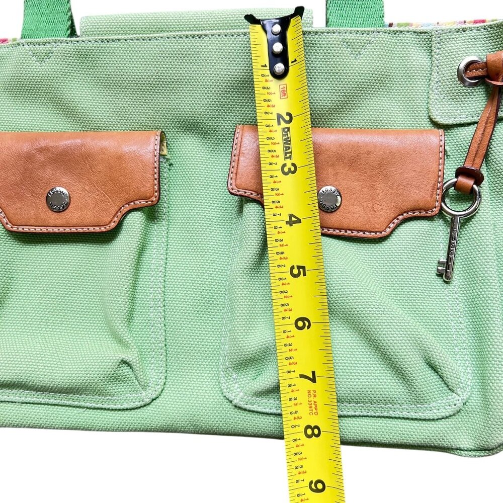 Fossil Mint Green Canvas Tote Bag Brown Leather Accents Key Striped Lining 75082 - Picture 15 of 15